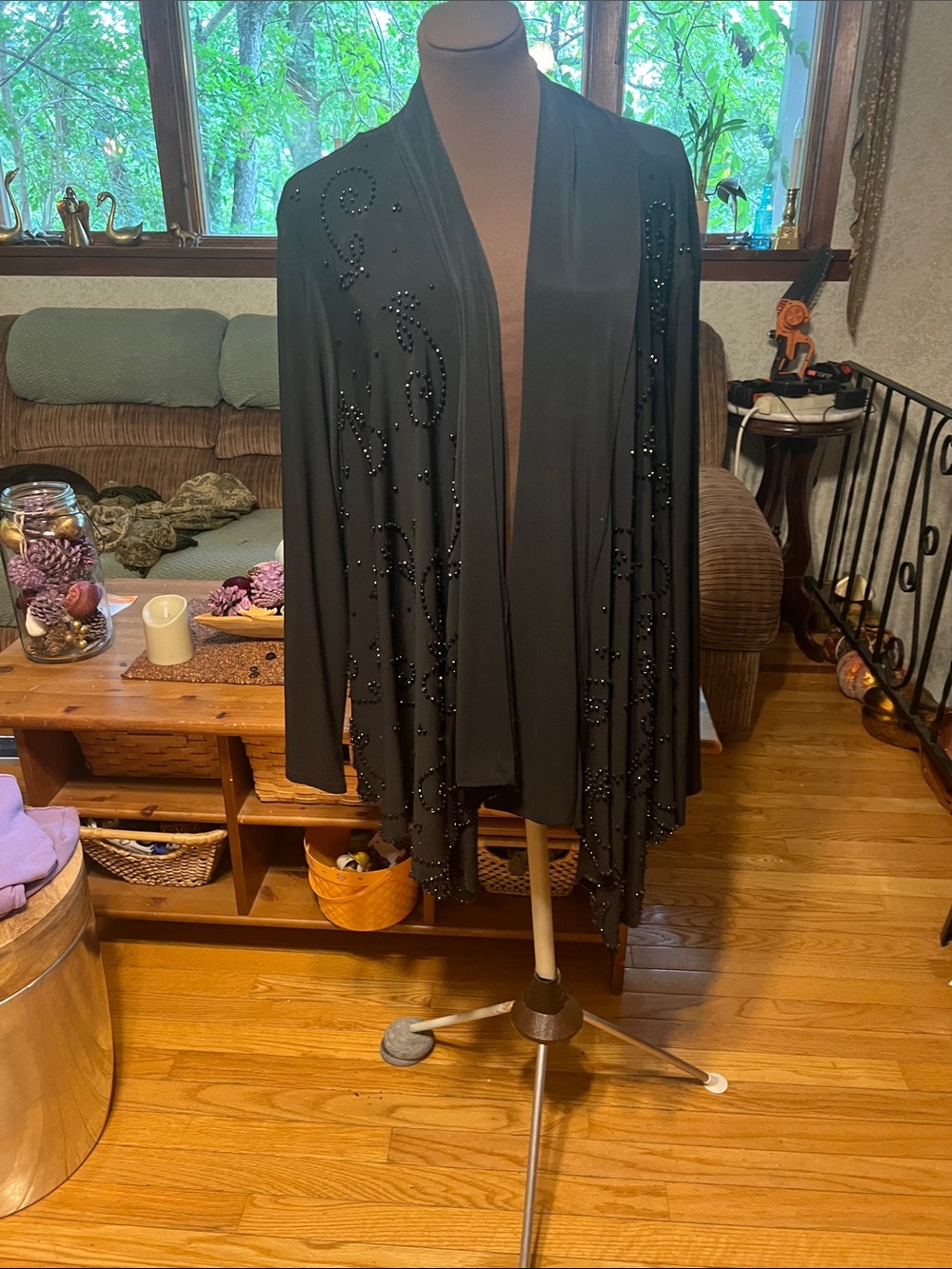 dressbarn Black Beaded Open Drape Tunic Cardigan